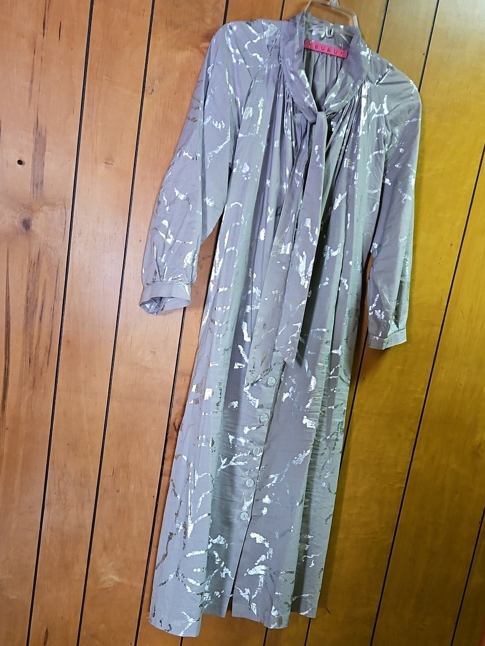 Tie-Neck Silver Print Midi Dress